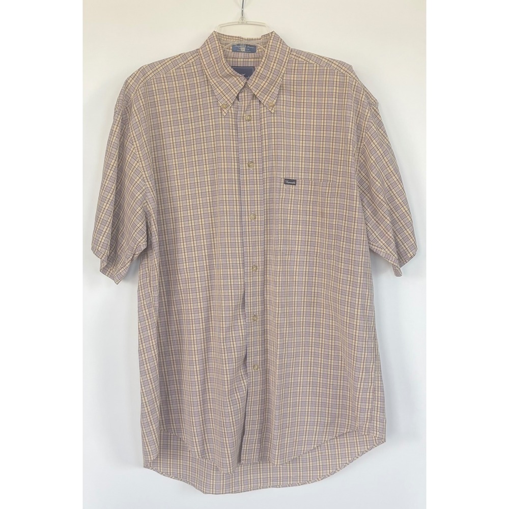Faconnable Mens Large Plaid Button Down Shirt Cotton Short Sleeve Made in USA